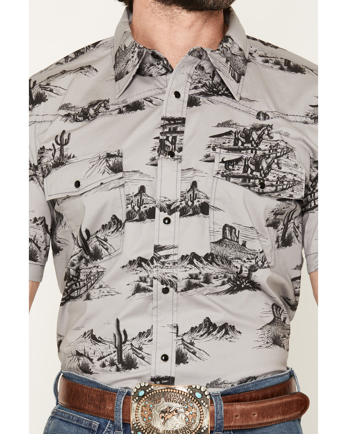Image #3 - Cowboy Hardware Men's Boot Barn Exclusive Western Scenery Short Sleeve Snap Stretch Western Shirt, Charcoal, hi-res