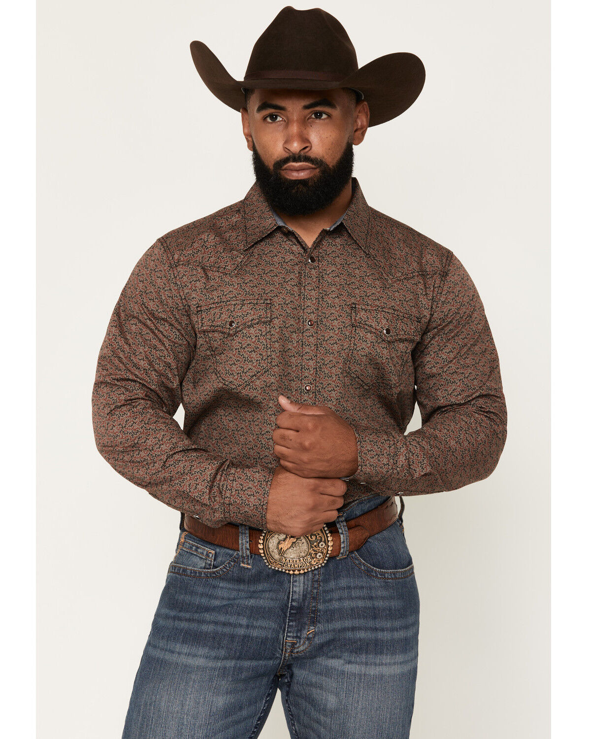 Image #1 - Cody James Men's Fireball Geo Print Long Sleeve Snap Western Shirt - Tall, Brown, hi-res