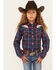 Image #1 - Ely Walker Girls' Plaid Print Rose Embroidered Long Sleeve Pearl Snap Western Shirt , Navy, hi-res