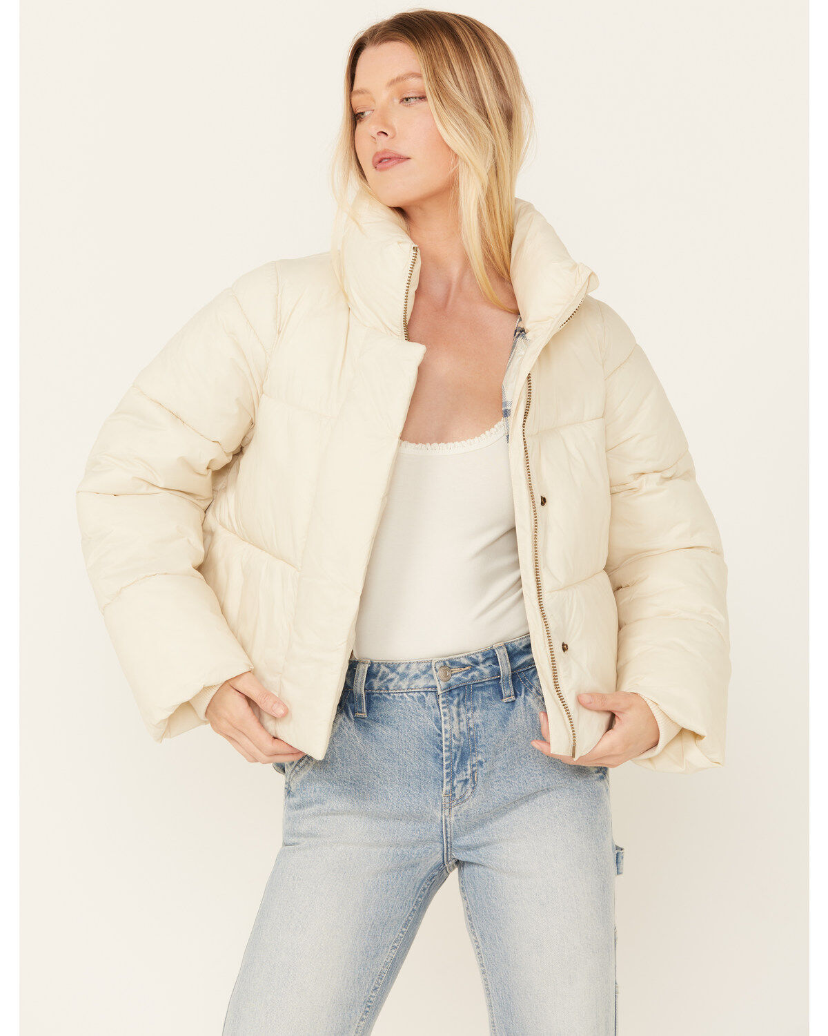 Cleo + Wolf Women's Plaid Lined Puffer Coat, Oatmeal, hi-res