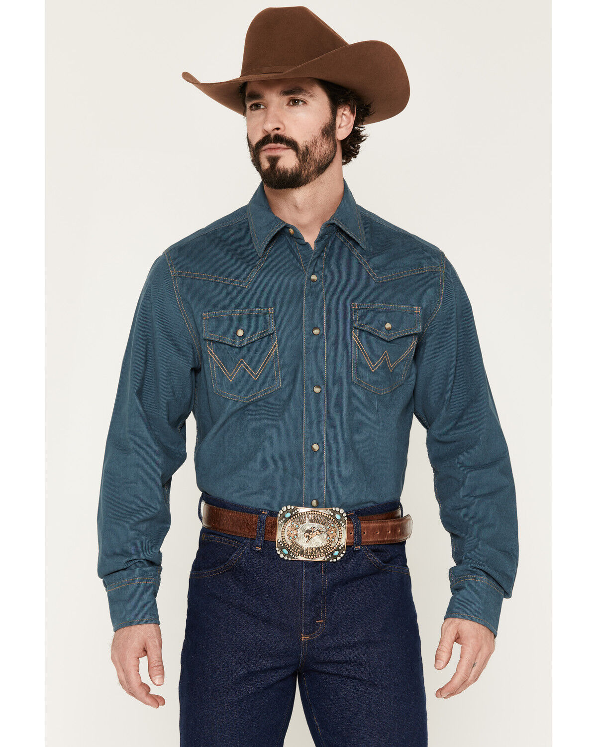 Wrangler Retro Men's Corduroy Solid Long Sleeve Snap Western Shirt, Indigo, hi-res