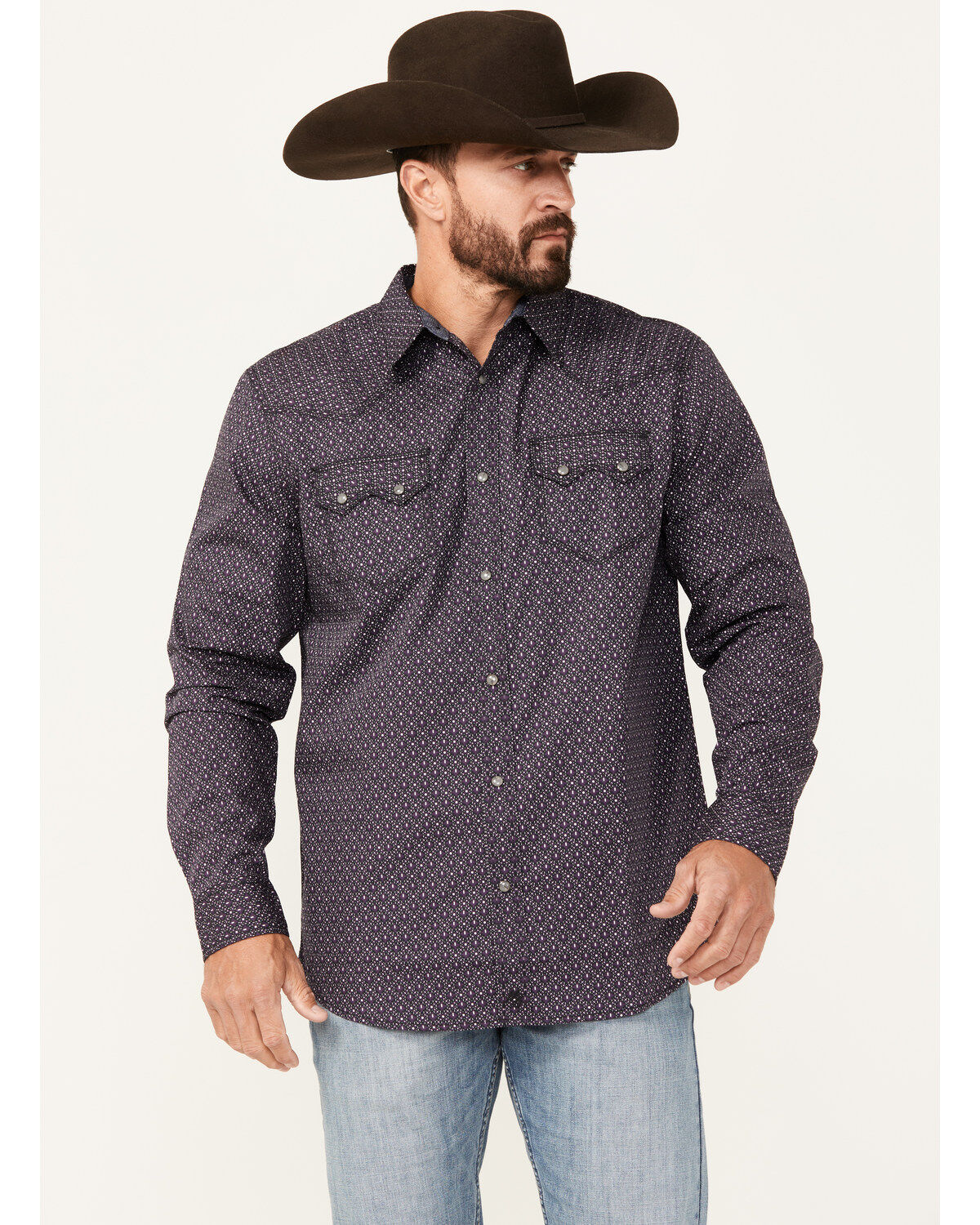 Moonshine Spirit&reg; Men's Geo Print Long Sleeve Snap Western Shirt, Purple, hi-res