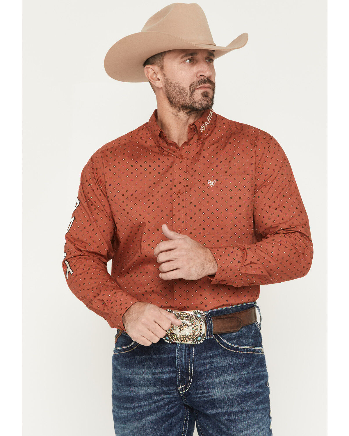 Ariat Men's Team Porter Geo Print Long Sleeve Button-Down Western Shirt, Rust Copper, hi-res