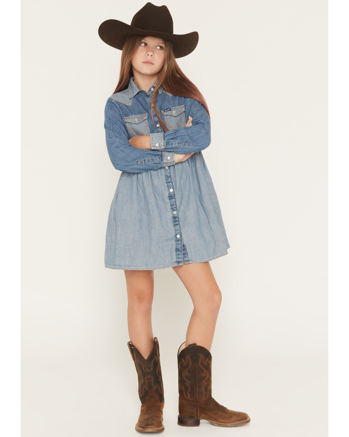 Wrangler Girls' Two-Toned Long Sleeve Denim Dress, Blue, hi-res