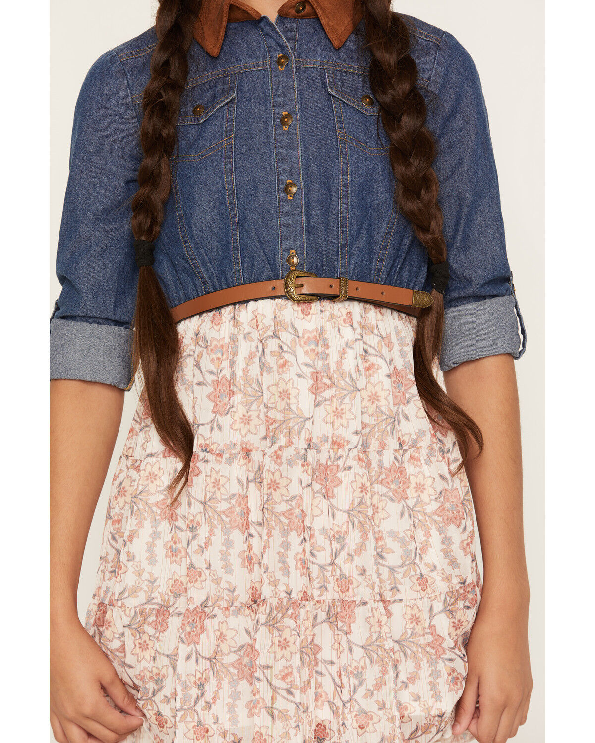Image #3 - Sugar California Girls' 3/4 Sleeve Denim Floral Print Mini Dress, Multi, hi-res