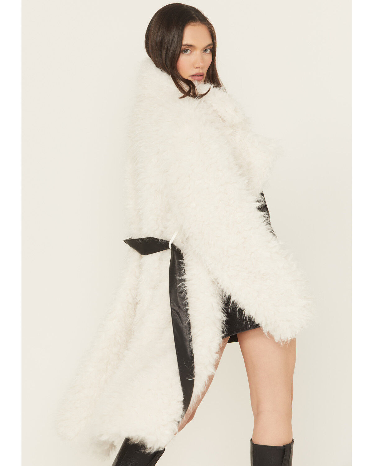 Image #4 - Fornia Women's Leather Tie Faux Fur Coat, White, hi-res