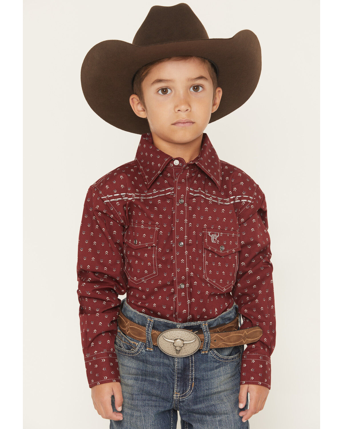 Cowboy Hardware Boys' Geo Print Long Sleeve Pearl Snap Stretch Western Shirt, Burgundy, hi-res