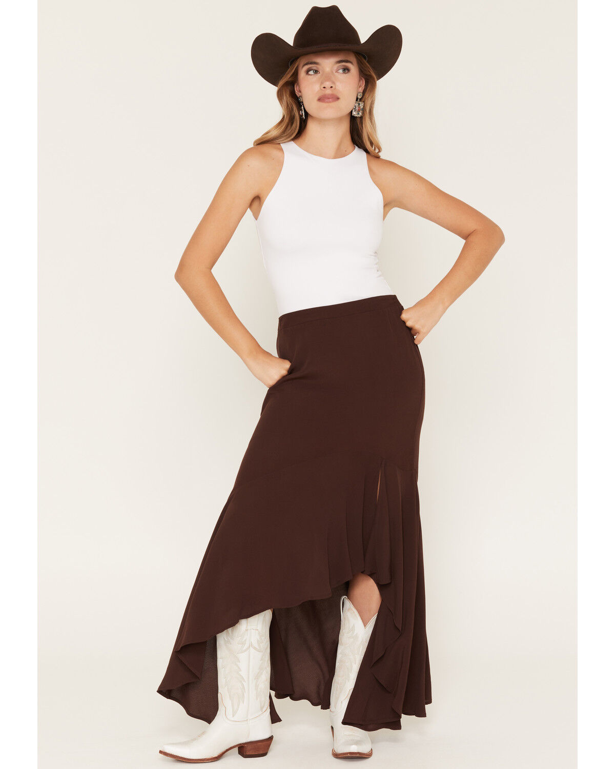 Image #1 - Wild Moss Women's Solid High-Low Skirt, Brown, hi-res