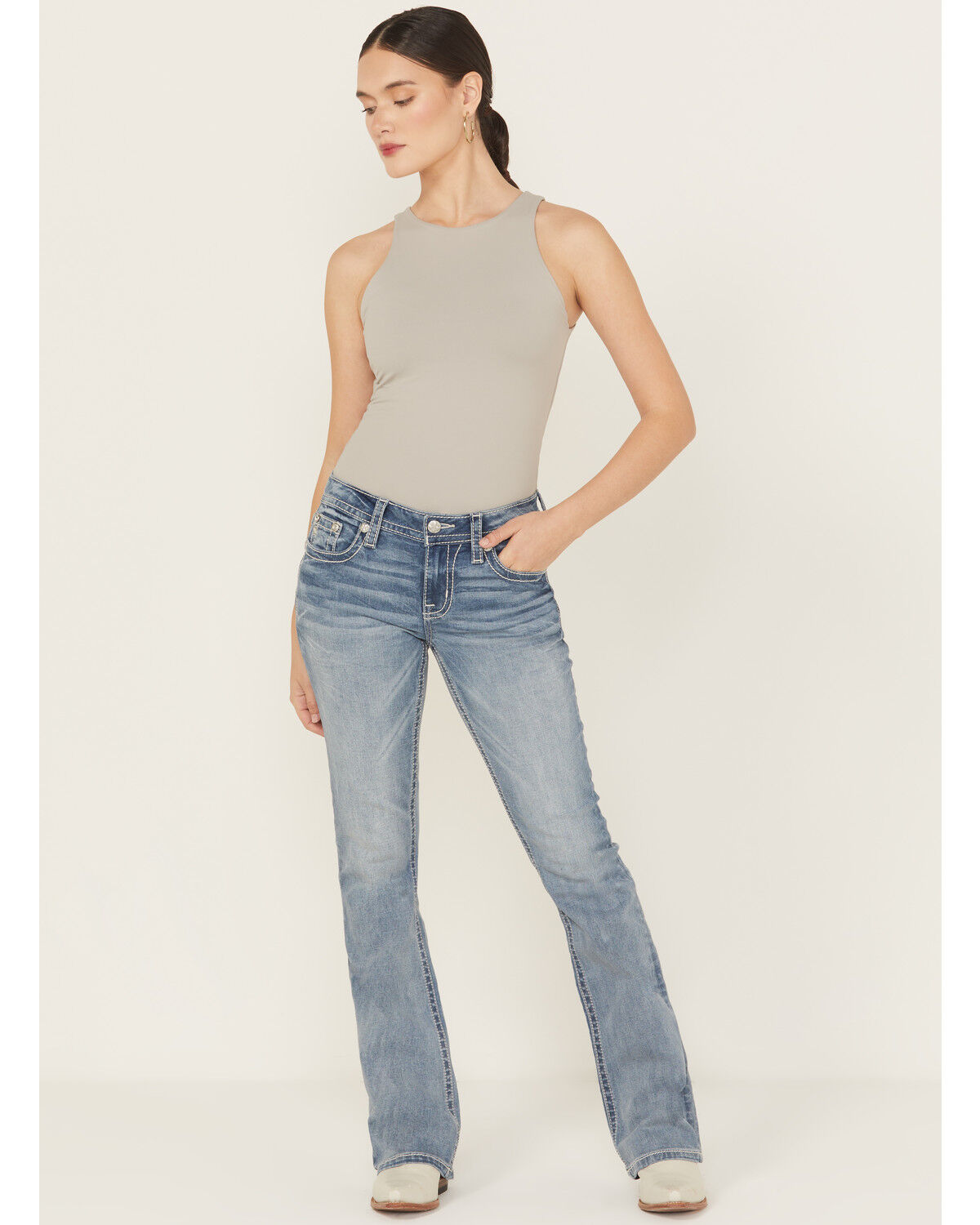 Image #3 - Miss Me Women's Medium Wash Mid Rise 34" Bootcut Stretch Denim Jeans, Medium Wash, hi-res
