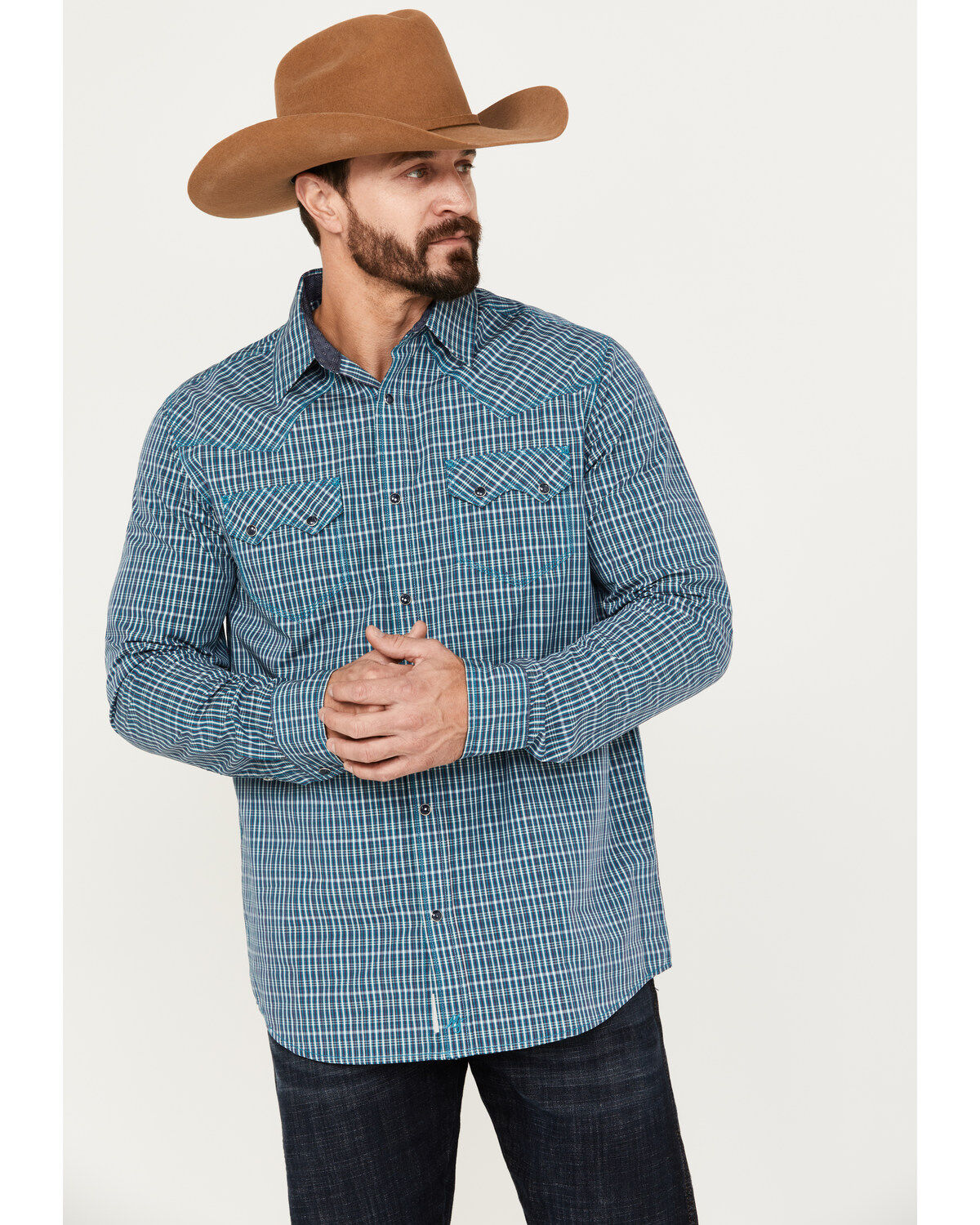 Moonshine Spirit&reg; Men's Free Bird Plaid Print Long Sleeve Western Snap Shirt, Navy, hi-res