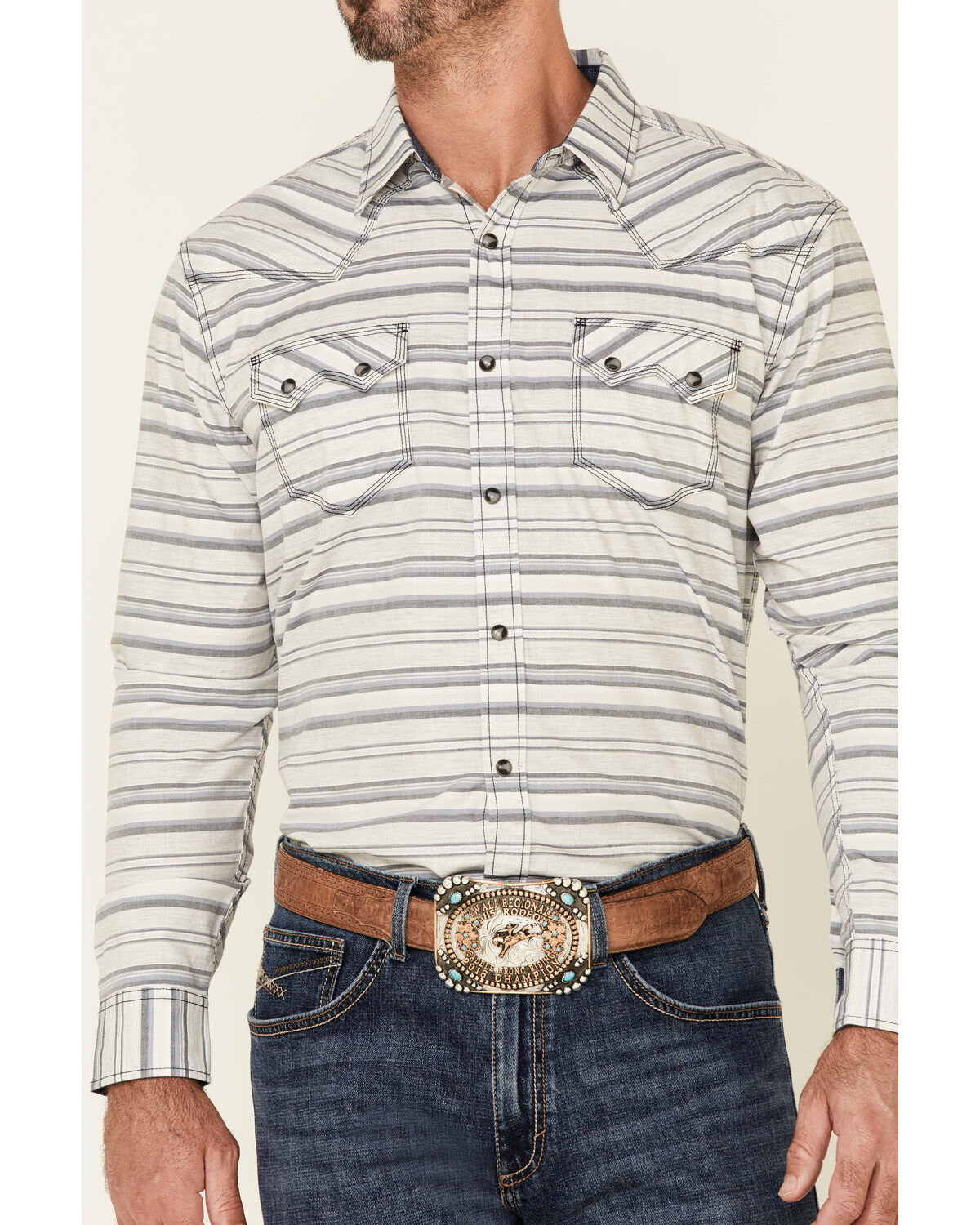 Image #3 - Moonshine Spirit&reg; Men's Line Dance Horizontal Stripe Long Sleeve Snap Western Shirt, Grey, hi-res