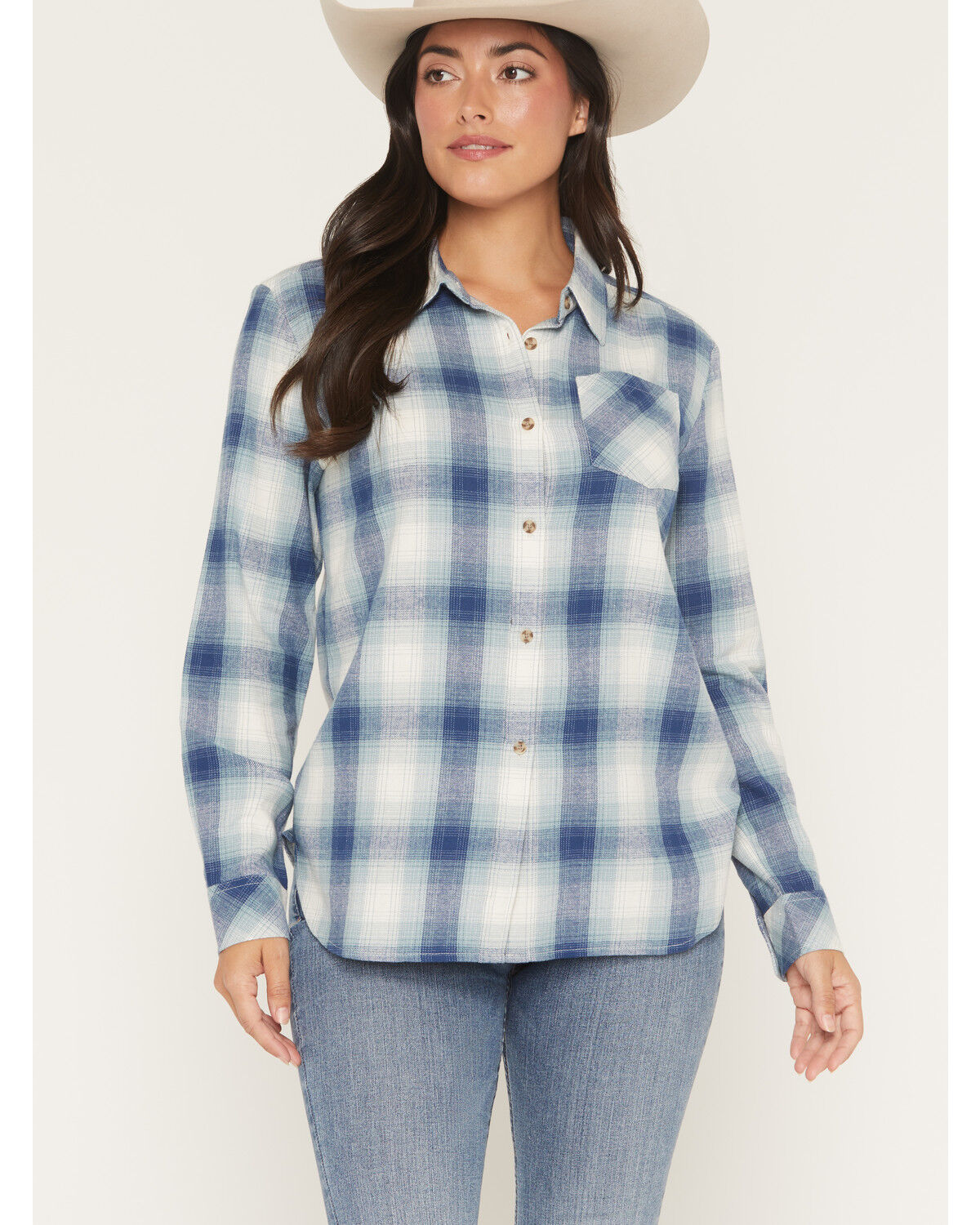 Image #1 - Shyanne Women's Junction Plaid Print Long Sleeve Button-Down Flannel Shirt, Navy, hi-res