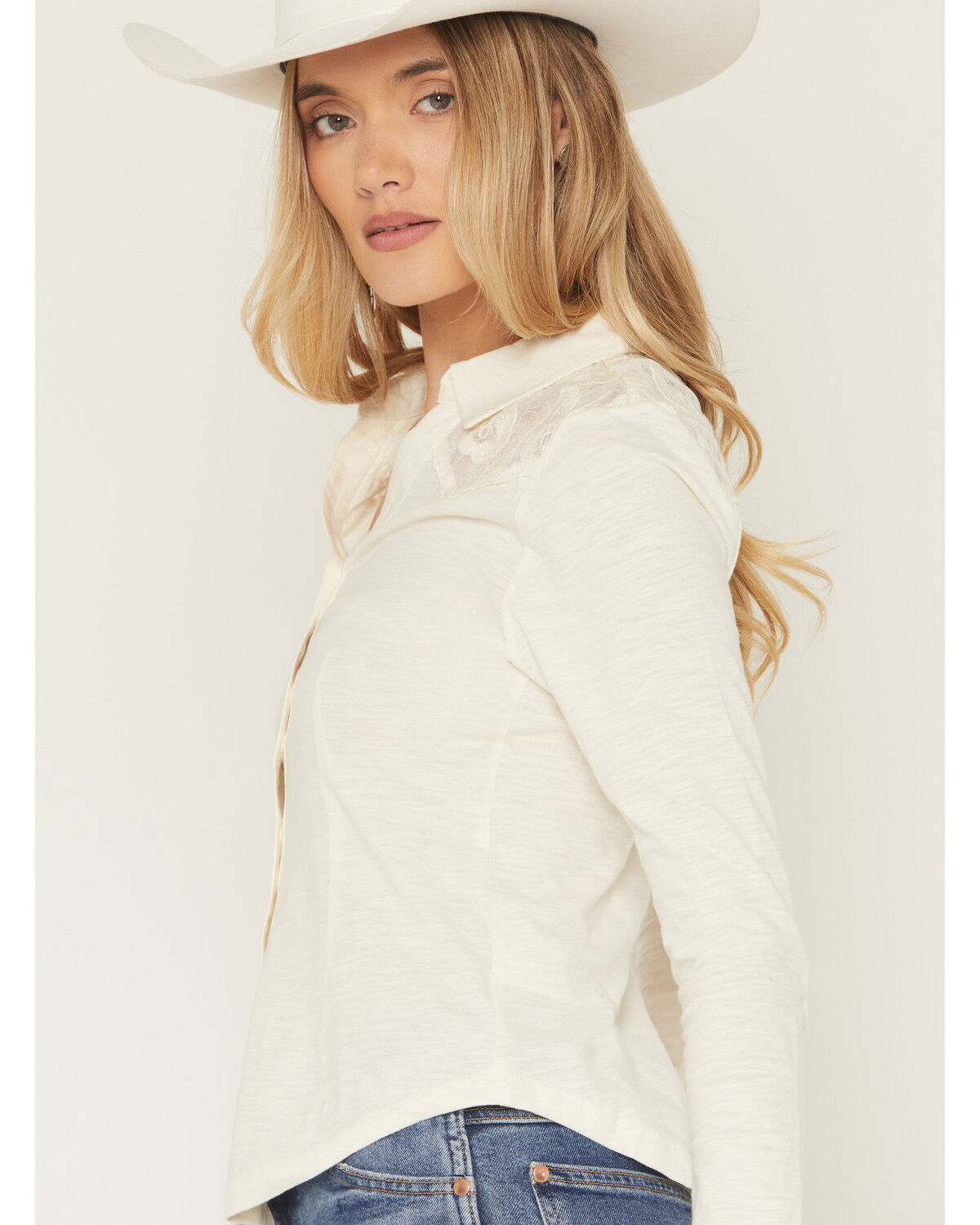 Image #3 - Shyanne Women's Solid Lace Wester Yoke Long Sleeve Button-Down Shirt, Cream, hi-res