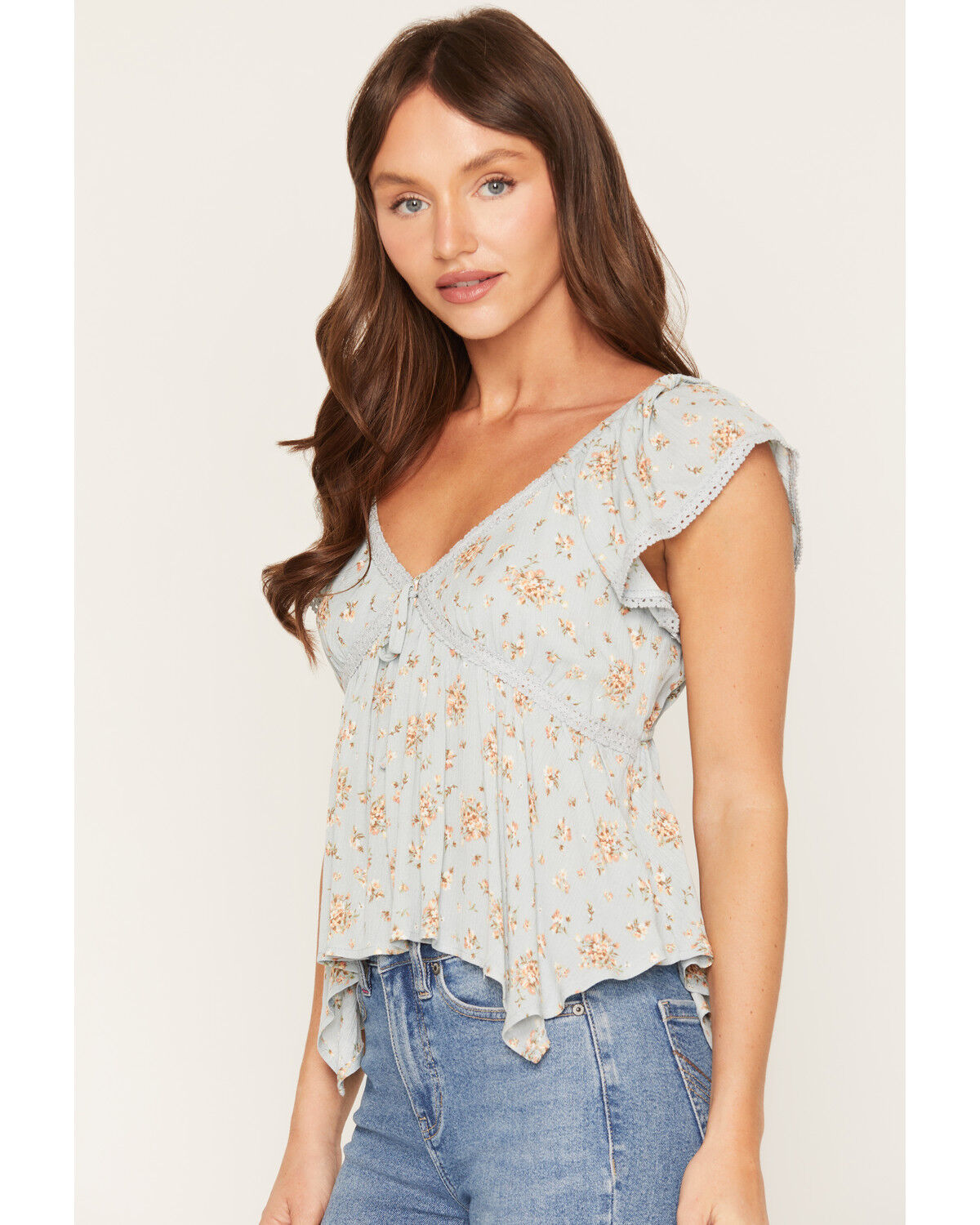 Image #2 - Wild Moss Women's Floral Print Hanky Hem Short Sleeve Top, Light Blue, hi-res