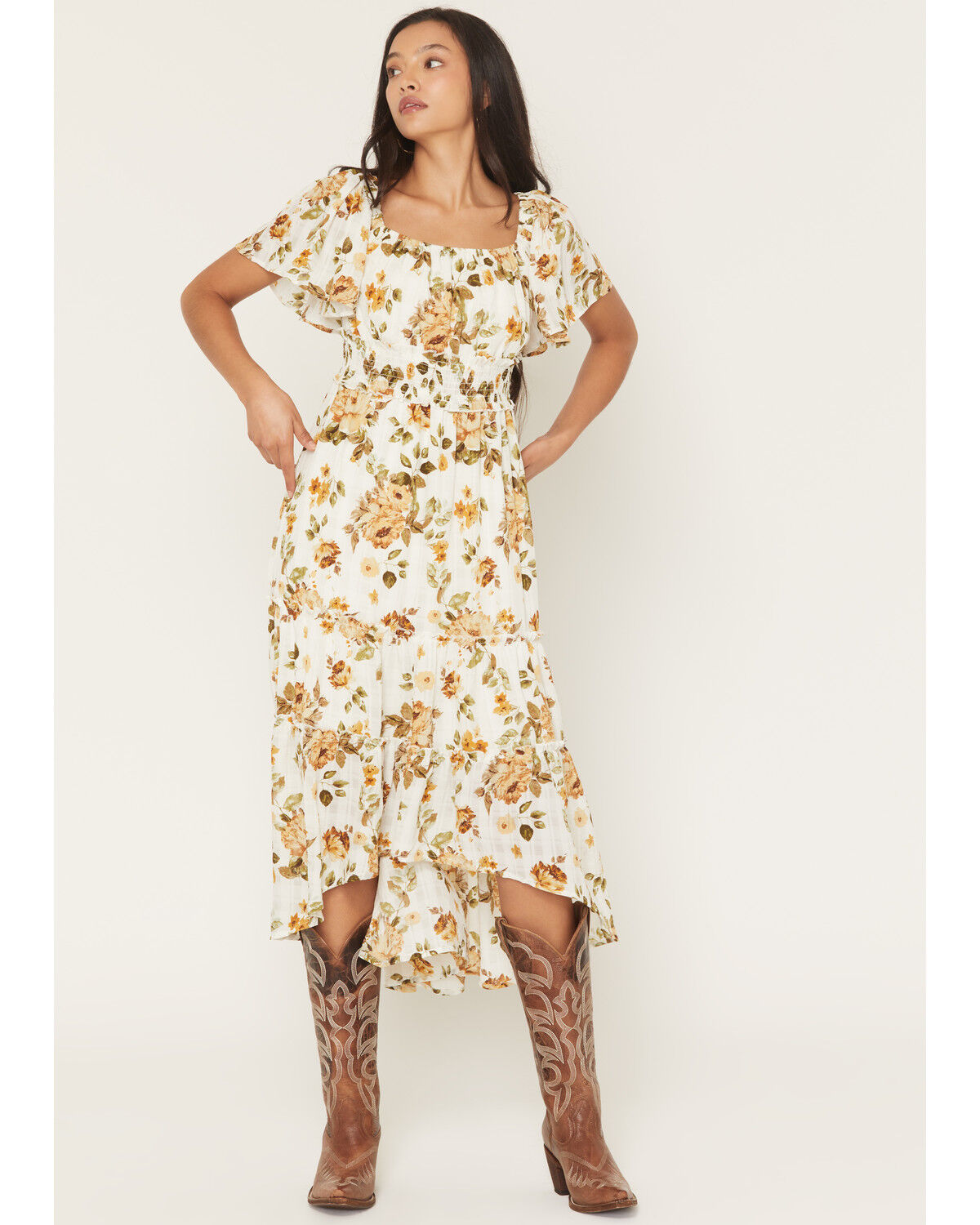 Wild Moss Women's Floral Print Short Sleeve High-Low Dress, Ivory, hi-res