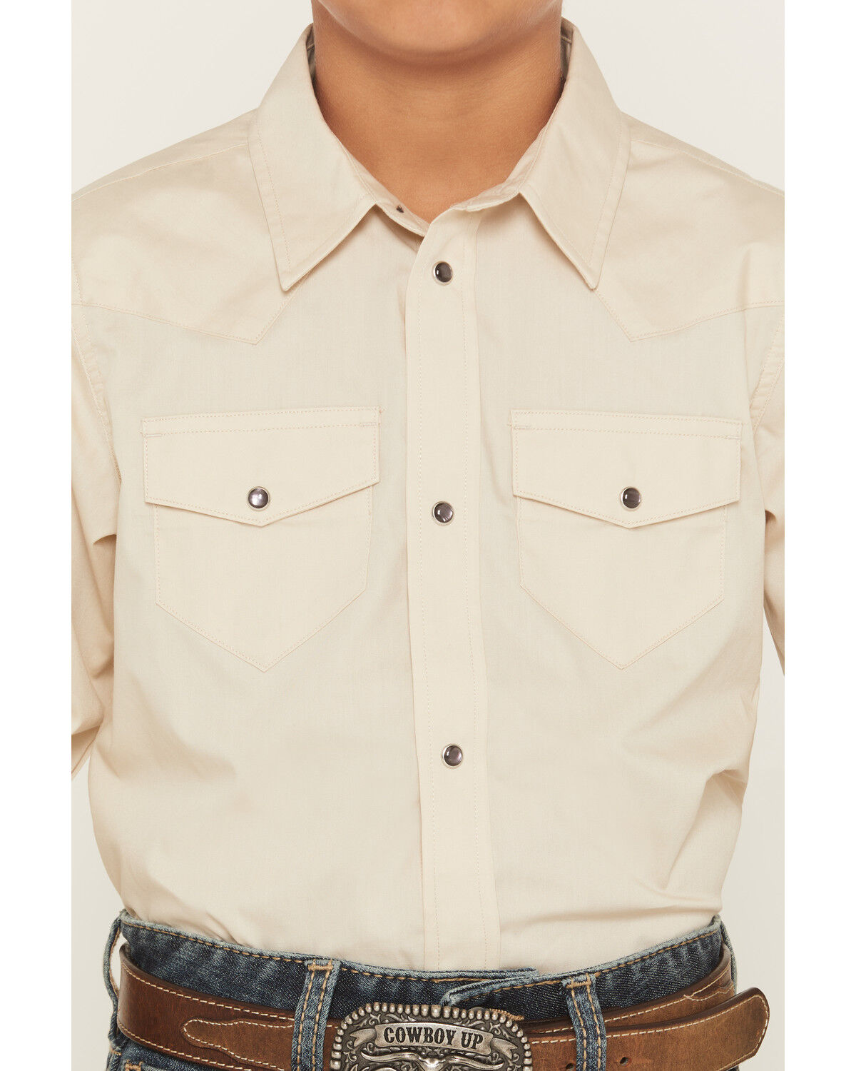 Image #3 - Gibson Trading Co Boys' Solid Basic Long Sleeve Pearl Snap Western Shirt, Tan, hi-res