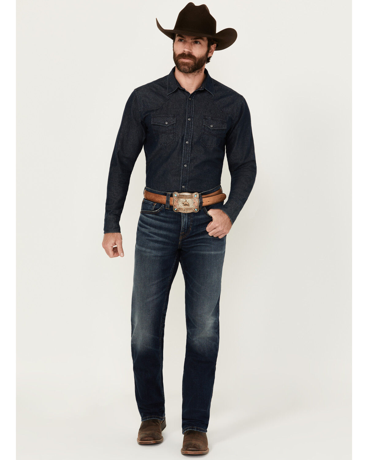 Image #1 - Blue Ranchwear Men's Bandera Wash Bronson Slim Straight Stretch Denim Jeans, Dark Wash, hi-res