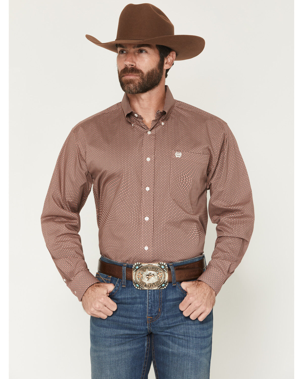 Cinch Men's Geo Print Long Sleeve Button-Down Stretch Western Shirt, Pink, hi-res