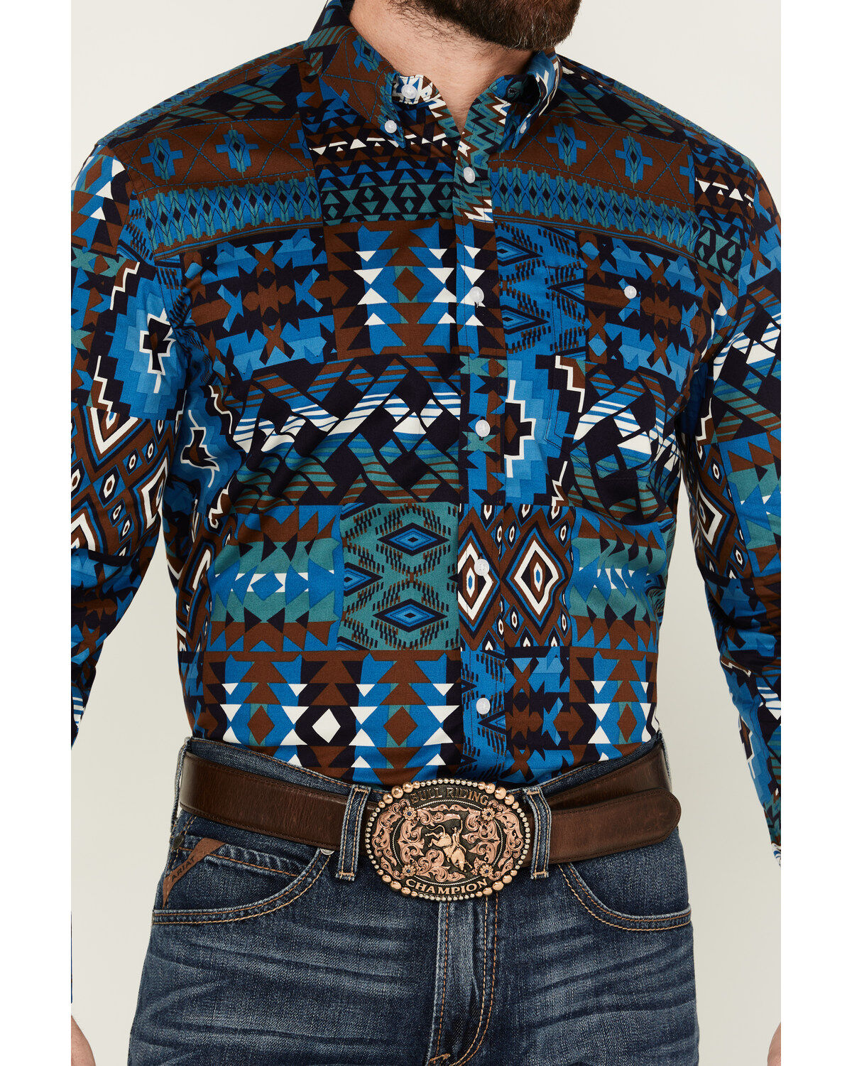 Image #3 - RANK 45&reg; Men's Zavallo Southwestern Patchwork Long Sleeve Button-Down Stretch Western Shirt, Teal, hi-res