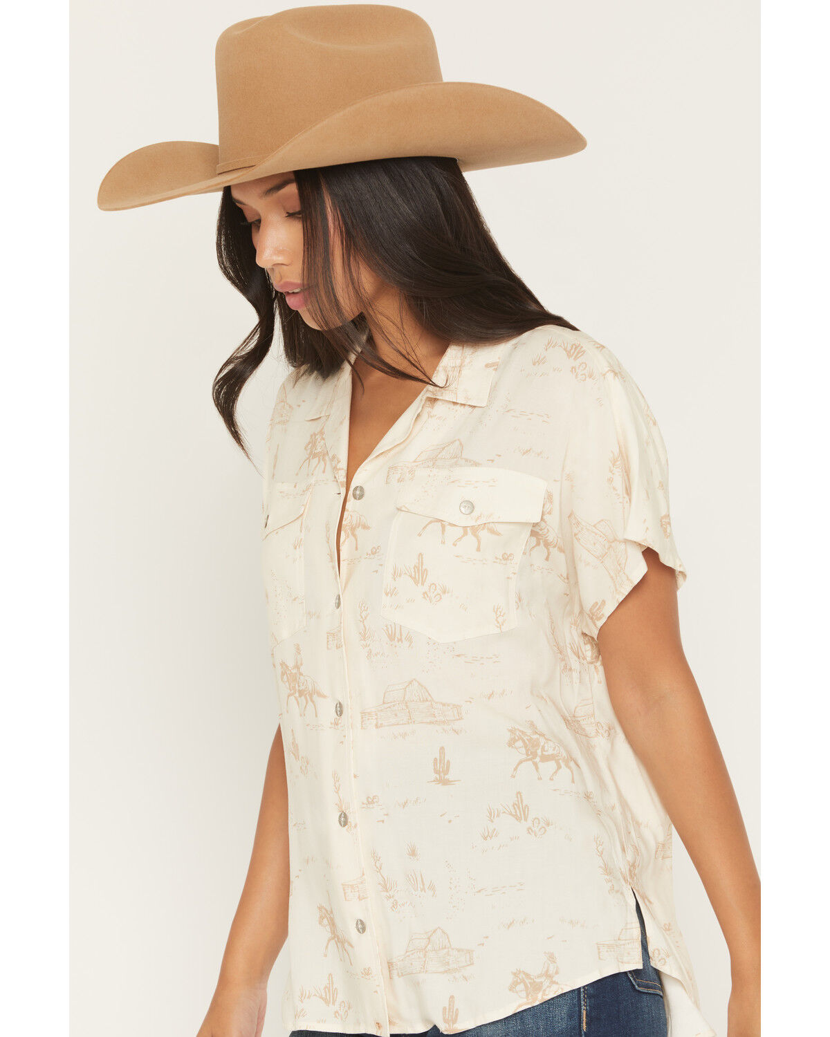 Image #2 - Ariat Women's Badlands Conversational Print Button-Down Short Sleeve Western Shirt, Cream, hi-res