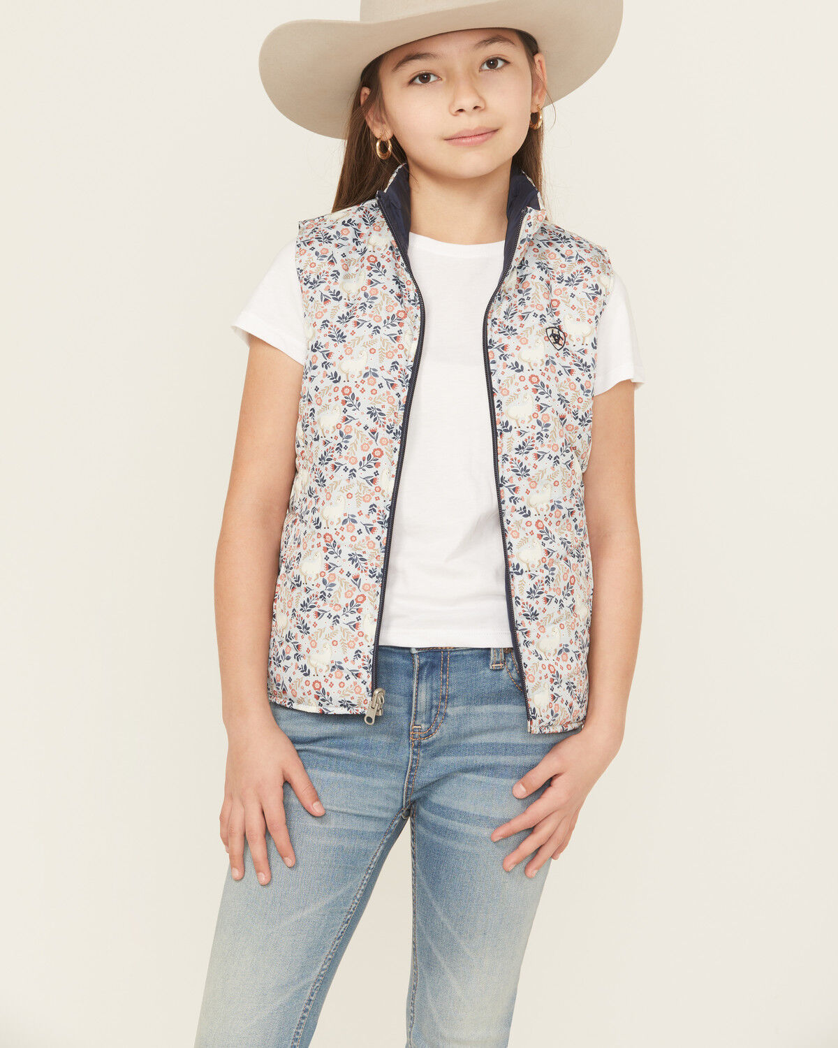 Image #1 - Ariat Girls' Reversible Vest, Navy, hi-res