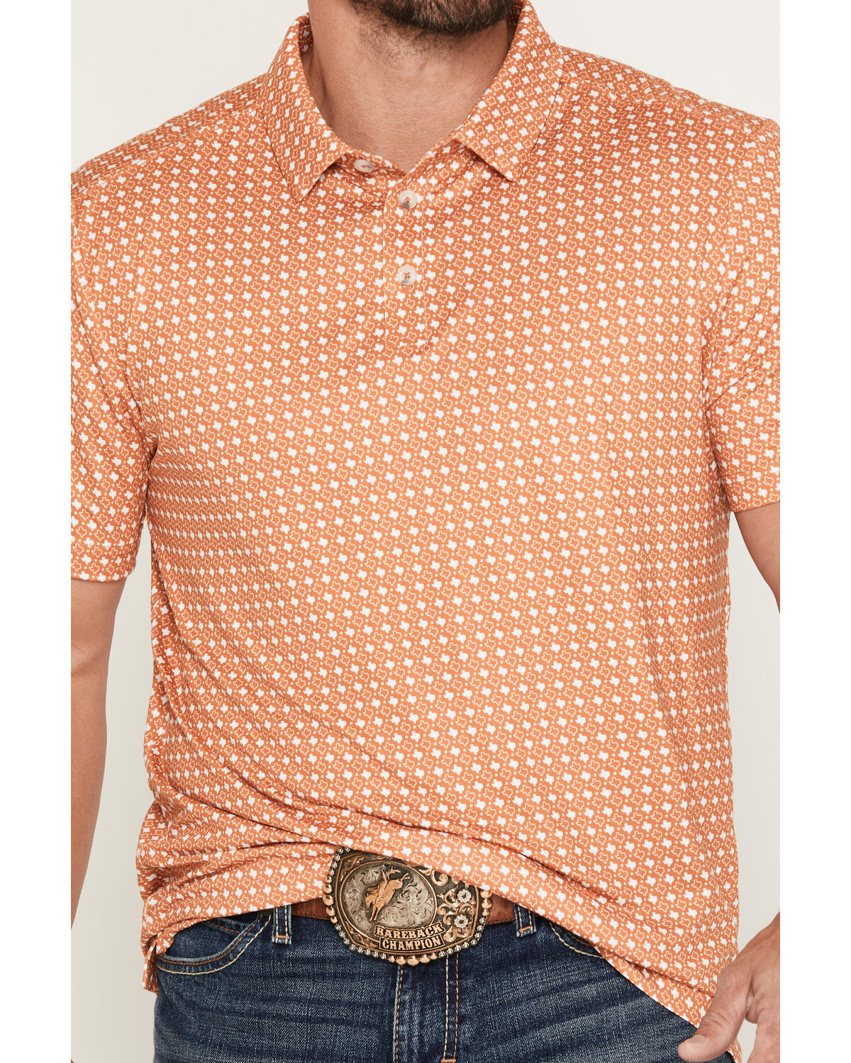 Image #3 - Burlebo Men's Texas Short Sleeve Button-Down Performance Polo Shirt, Orange, hi-res