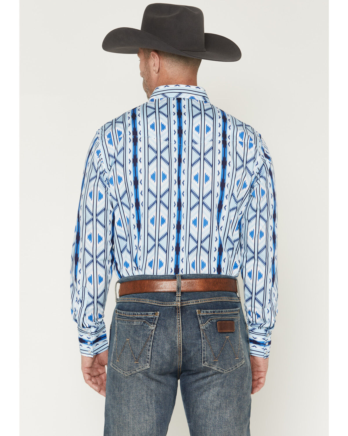 Image #4 - Wrangler Men's Checotah Southwestern Striped Long Sleeve Pearl Snap Western Shirt - Tall, Blue, hi-res
