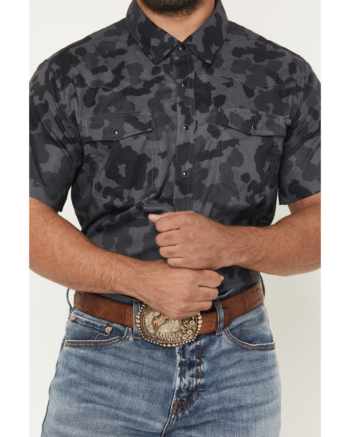 Image #3 - Rock & Roll Denim Men's Tek Camo Print Short Sleeve Snap Stretch Western Shirt, Black, hi-res