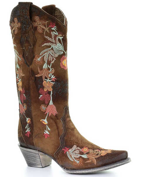 Image #1 - Corral Women's Floral Embroidered Western Boots - Snip Toe, Chocolate, hi-res