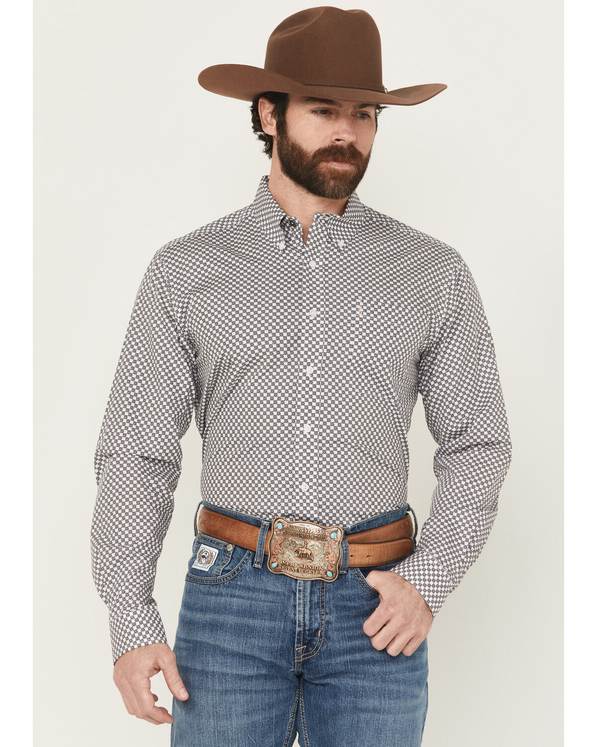 Image #1 - Cinch Men's Floral Geo Print Modern Fit Long Sleeve Button-Down Western Shirt, White, hi-res
