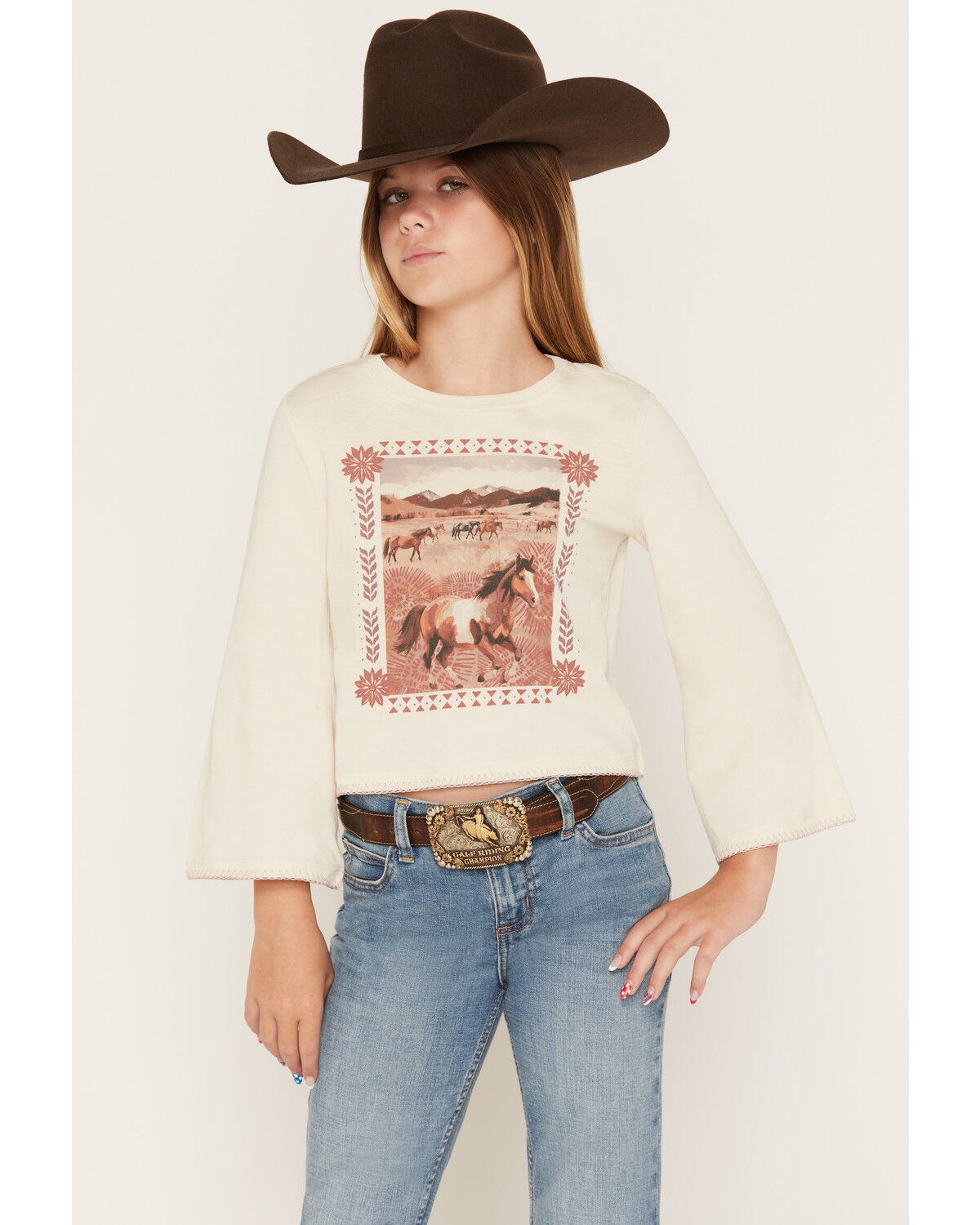 Image #1 - Shyanne Girls' Molly 3/4 Bell Sleeve Graphic Tee, Natural, hi-res