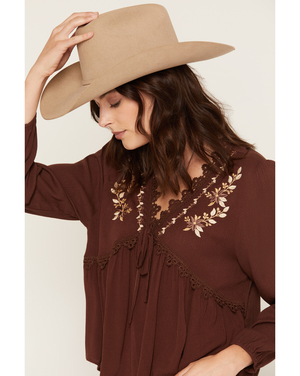 Image #2 - Wild Moss Women's Embroidered Long Sleeve Peasant Top, Brown, hi-res