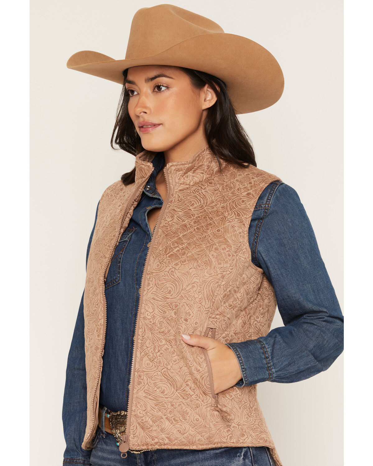 Image #2 - Outback Trading Co Women's Wilona Tooled Print Quilted Vest, Tan, hi-res
