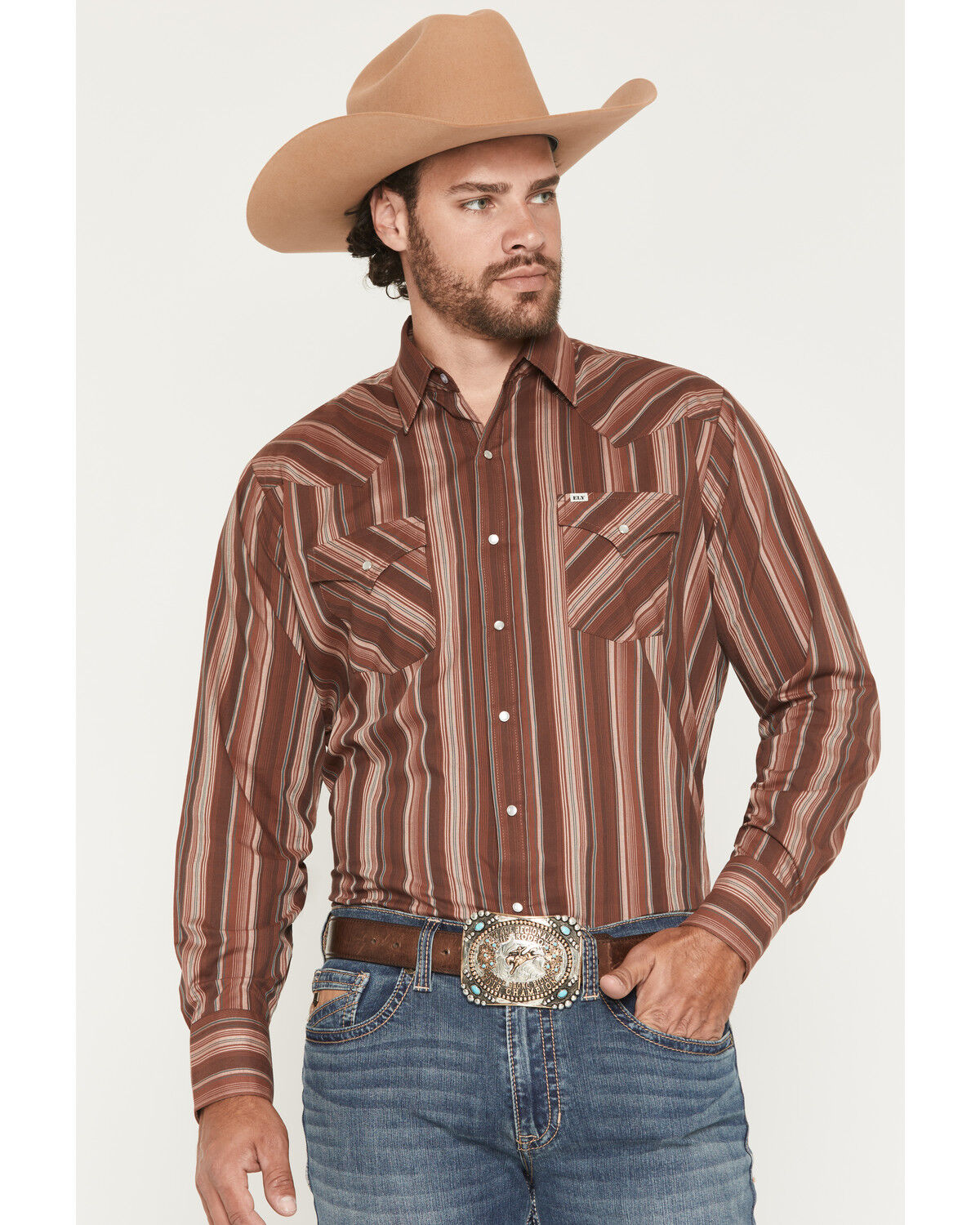 Ely Walker Men's Stripe Print Long Sleeve Snap Western Shirt, Burgundy, hi-res