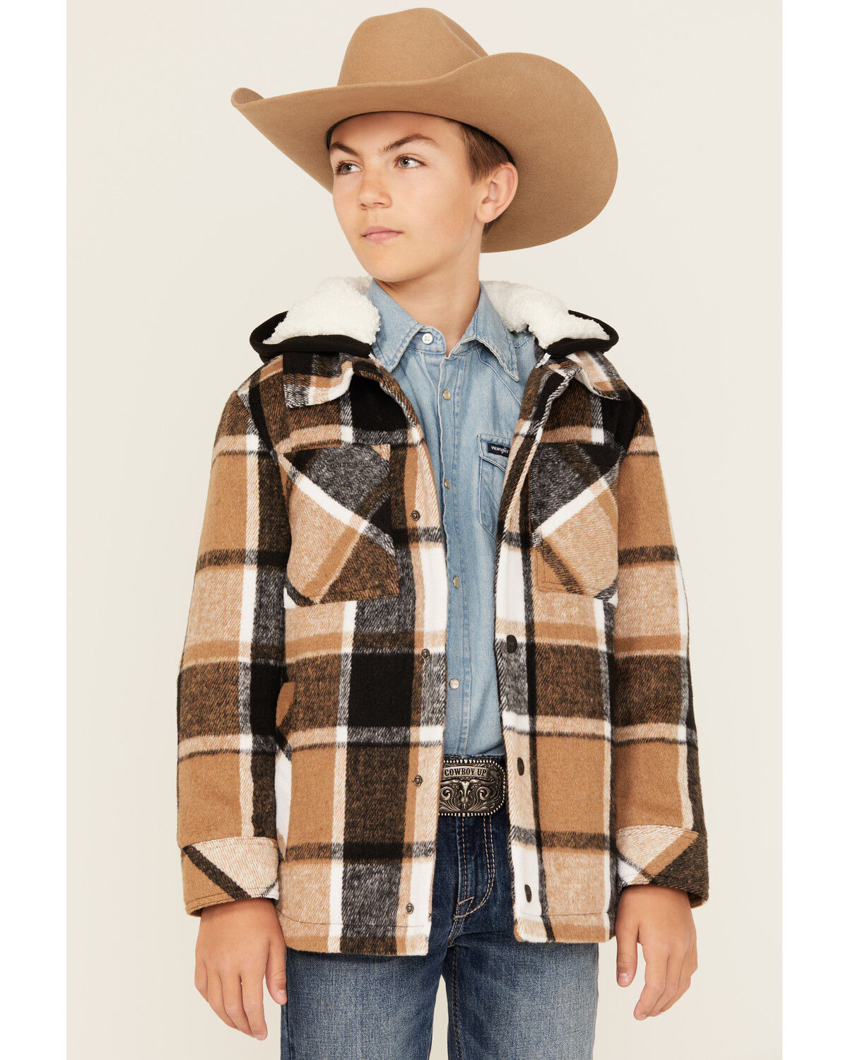 Urban Republic Boys' Plaid Print Sherpa Lined Snap Hooded Shacket, Brown, hi-res